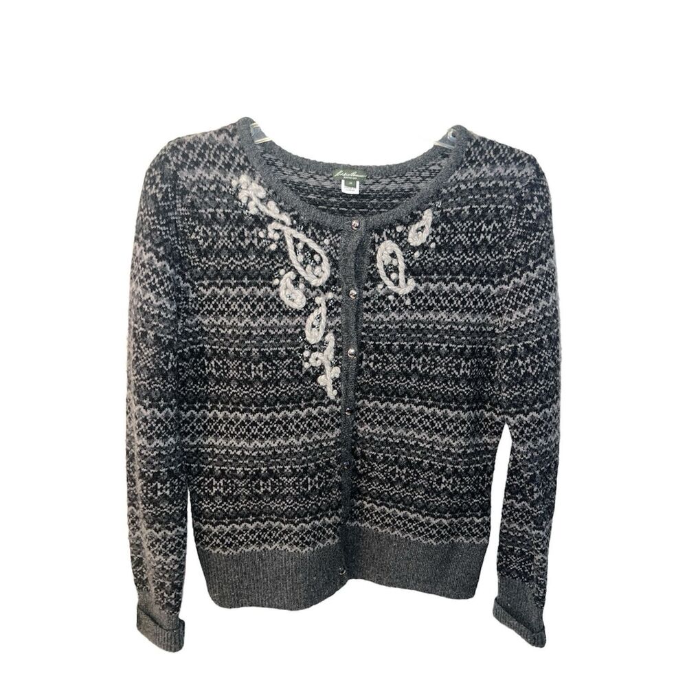 Eddie Bauer Sweater Womens M Cardigan Grey Nordic Embroidered Lambswool Button - Picture 2 of 10